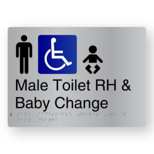 Male Accessible Toilet RH & Baby Change Braille Sign in Stainless Steel