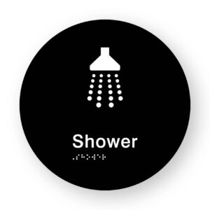 Shower Braille Sign on a Tactile Printed Black Acrylic Disk - Image 1