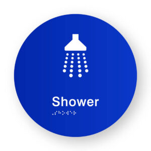 Shower Braille Sign on a Tactile Printed Blue Acrylic Disk - Image 1