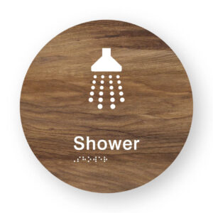 Shower Braille Sign on a Tactile Printed Mid-Woodgrain Acrylic Disk - Image 1