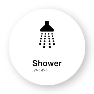 Shower Braille Sign on a Tactile Printed White Acrylic Disk - Image 1