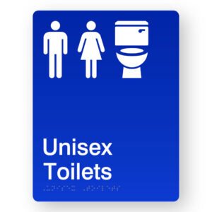 Unisex Toilets Braille Sign in Portrait Blue Acrylic