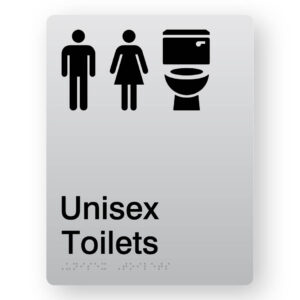 Unisex Toilets Braille Sign in Portrait Silver Acrylic