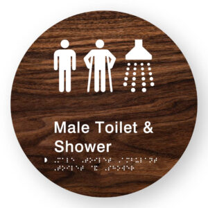 Male Toilet Ambulant Toilet & Shower Braille Sign on a Tactile Printed Dark Woodgrain Acrylic Disk - Image 1