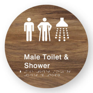 Male Toilet Ambulant Toilet & Shower Braille Sign on a Tactile Printed Mid-Woodgrain Acrylic Disk - Image 1
