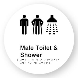 Male Toilet Ambulant Toilet & Shower Braille Sign on a Tactile Printed White Acrylic Disk - Image 1
