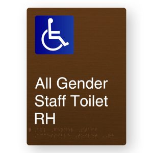 All Gender Staff Accessible Toilet RH Braille Sign in Bronze Aluminium. Bronze Sign Panel with Blue & White Accessible Symbol. White Text reads All Gender Staff Toilet RH. Braille Text is shown