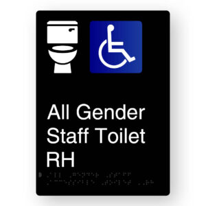 All Gender Staff Accessible Toilet RH Braille Sign in Portrait Black Aluminium