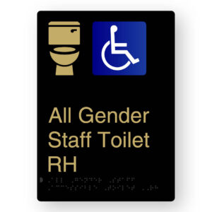 All Gender Staff Accessible Toilet RH Braille Sign in Portrait Black & Satin Brass Finish
