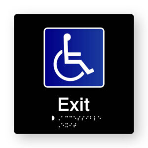 Accessible Exit Braille Sign in Black Tactile printed Acrylic. Black sign panel with White 7 Blue Accessible Sym,bol. White Text reads Exit. White Braille text is shown