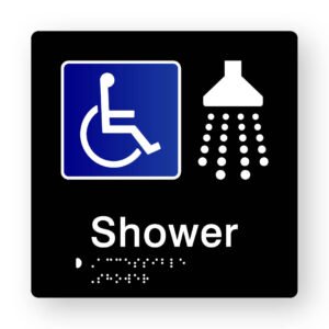 Accessible Shower Braille Sign in Tactile printed Black Acrylic. Black Sign panel with Blue & White Accessible Symbol, White Shower Symbol. White Text reads Shower. White Braille is shown