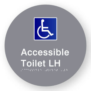 Accessible Toilet LH Braille Sign on a Tactile Printed Grey Acrylic Disk