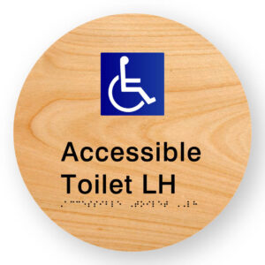 Accessible Toilet LH Braille Sign on a Tactile Printed Woodgrain Acrylic Disk