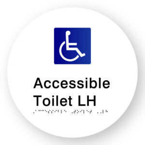Accessible Toilet LH Braille Sign on a Tactile Printed White Acrylic Disk - Image 1