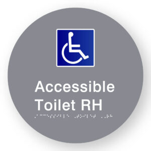 Accessible Toilet RH Braille Sign on a Tactile Printed Grey Acrylic Disk