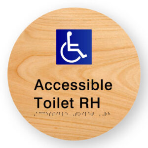 Accessible Toilet RH Braille Sign on a Tactile Printed Woodgrain Acrylic Disk