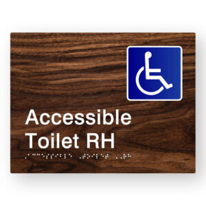 Accessible Toilet RH Braille Sign in Dark Woodgrain Tactile Printed Acrylic