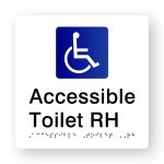 Accessible Toilet RH Braille Sign in Tactile printed White Acrylic. White Sign panel with Blue & White Accessible Symbol. Black Text reads Accessible Toilet RH. Black Braille Text is shown