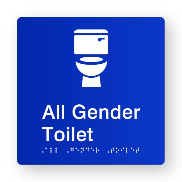 All Gender Toilet Braille Sign in Tactile printed Blue Acrylic All Gender Toilet Braille Sign in Tactile printed Blue Acrylic. Blue Sign panel with White toilet symbol. White text reads All Gender Toilet. White Braille is Shown