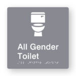 All Gender Toilet Braille Sign in Grey Tactile Printed Acrylic. Grey Sign panel with White Toilet Symbol. White text reads All Gender Toilet White Braille Text is shown