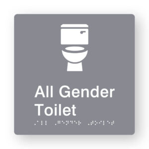 All Gender Toilet Braille Sign in Grey Tactile Printed Acrylic. Grey Sign panel with White Toilet Symbol. White text reads All Gender Toilet White Braille Text is shown