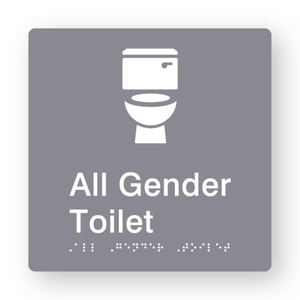 All Gender Toilet Braille Sign in Grey Tactile Printed Acrylic All Gender Toilet Braille Sign in Grey Tactile Printed Acrylic. Grey Sign panel with White Toilet Symbol. White text reads All Gender Toilet White Braille Text is shown