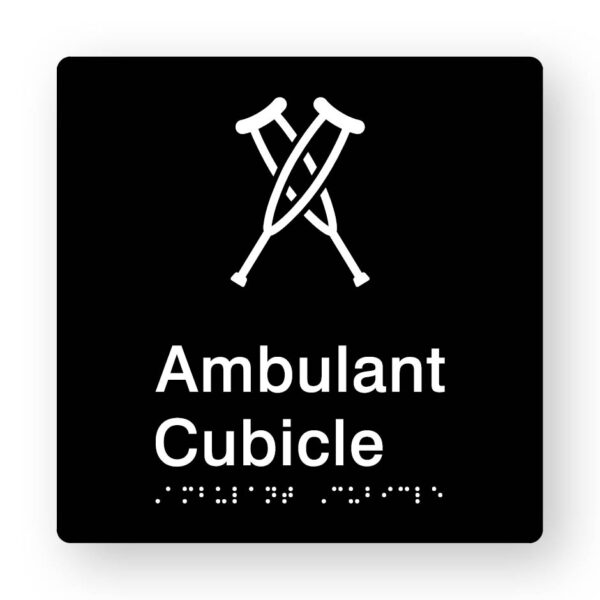 Ambulant Cubicle Braille Sign in Black Tactile print Ambulant Cubiucle Braille Sign in Black Tactile print. Black Sign panel with White Crutches Symbol & Text That reads Ambulant Cubicle. Braille Text is Shown