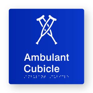 Ambulant Cubicle Braille Sign in Blue Tactile printed Acrylic. Blue Sign panel with White Crutches & Text that reads Ambulant Cubicle. White Braille text is shown