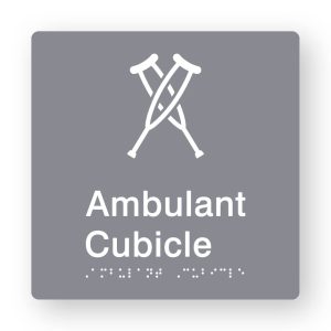 Ambulant Cubicle Braille Sign in Grey Tactile printed Acrylic. Grey Sign panel with white Ambulant Symbol. White Text reads Ambulant Cubicle. White Braille Text is shown