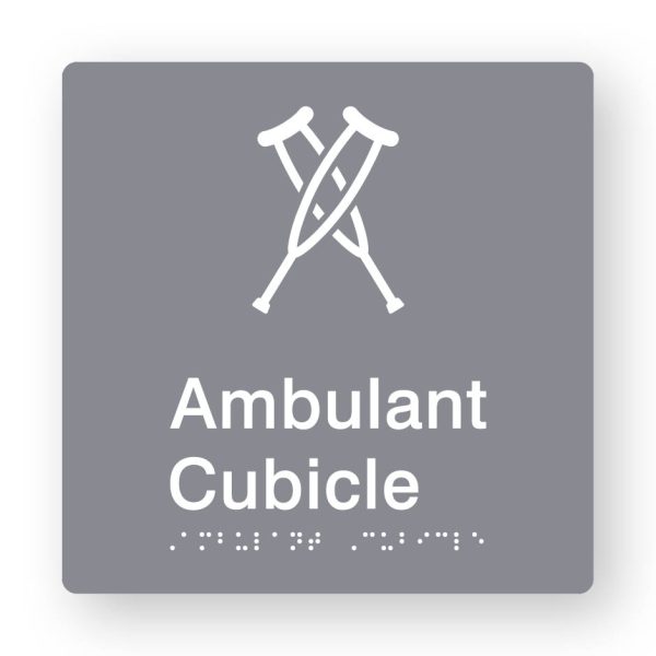 Ambulant Cubicle Braille Sign in Grey Tactile printed Acrylic Ambulant Cubicle Braille Sign in Grey Tactile printed Acrylic. Grey Sign panel with white Ambulant Symbol. White Text reads Ambulant Cubicle. White Braille Text is shown