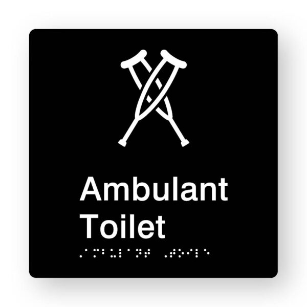 Ambulant Toilet Braille Sign in Black Tactile Printed Acrylic Ambulant Toilet Braille Sign in Black Tactile Printed Acrylic. Black Sign Panel with White Crutches Symbol. White Text Reads Ambulant Toilet. White Braille is text is shown
