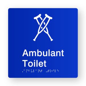 Ambulant Toilet Braille Sign in Tactile printed Blue Acrylic. Blue Sign panel with White Ambulant Symbol. White Text reads Ambulant Toilet. White Braille text is shown