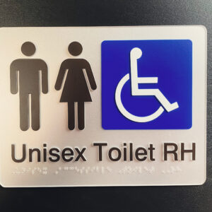 Unisex Accessible Toielt RH Braille Sign in Silver Moulded Acrylic. Silver Sign panel with Black Male & Female Symbols, Blue & White international Symbol for Access. Black Text reads Unisex Toilet RH