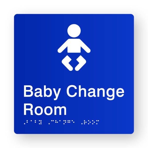 Baby Change Room Braille sign in Blue Acrylic Baby Change Room Braille sign in Blue Acrylic. Blue Sign panel with White Baby Symbol. White text reads baby Change Room. Braille Text is shown