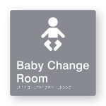 Baby Change Room Braille Sign in Grey Tactile printed Acrylic. Grey Sign panel with white Baby Symbol. White Text reads Baby Change Room. White Braille Text is shown