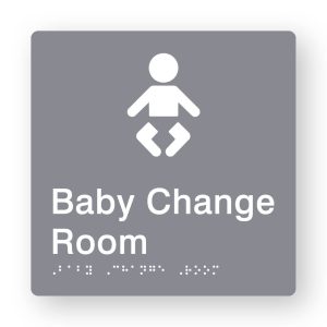 Baby Change Room Braille Sign in Grey Tactile printed Acrylic. Grey Sign panel with white Baby Symbol. White Text reads Baby Change Room. White Braille Text is shown
