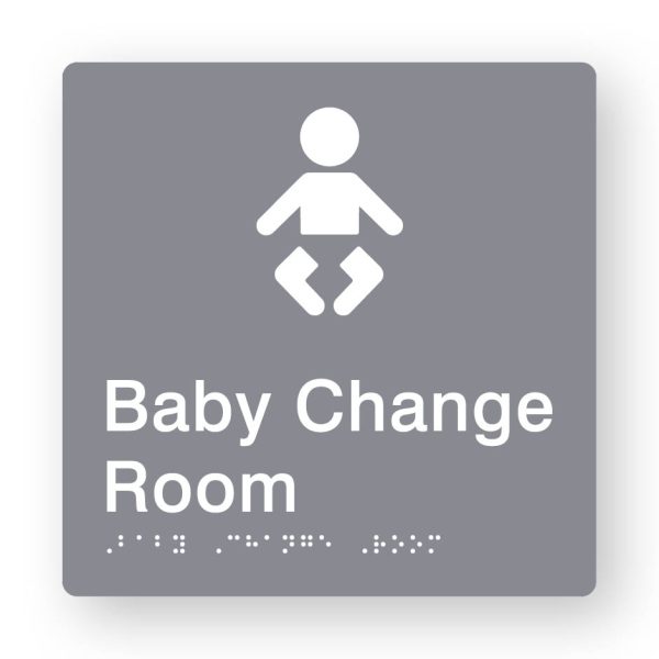 Baby Change Room Braille Sign in Grey Tactile printed Acrylic Baby Change Room Braille Sign in Grey Tactile printed Acrylic. Grey Sign panel with white Baby Symbol. White Text reads Baby Change Room. White Braille Text is shown