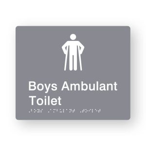 Boys Ambulant Toilet Braille Sign in Grey Tactile printed Acrylic. Grey Sign panel with white Male Ambulant Symbols. White Text reads Boys Ambulant Toilet. White Braille Text is shown