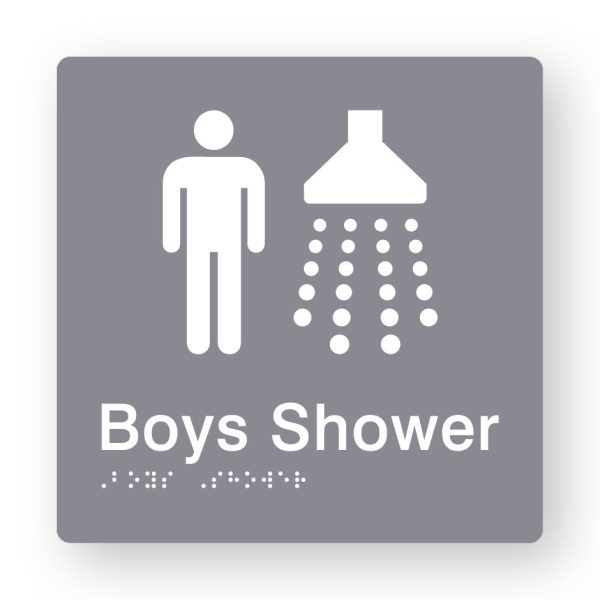 Boys Shower Braille Sign in Grey Tactile printed Acrylic Boys Shower Braille Sign in Grey Tactile printed Acrylic. Grey Sign panel with white Male & Shower Symbols. White Text reads Boys Shower. White Braille Text is shown