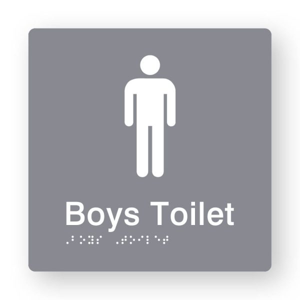 Boys Toilet Braille Sign in Grey Tactile printed Acrylic Boys Toilet Braille Sign in Grey Tactile printed Acrylic. Grey Sign panel with white Male Symbols. White Text reads Boys Toilet. White Braille Text is shown