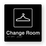 Change Room Braille Sign in Tactile Printed Black Acrylic. Black Sign panel with White coat hanger symbol. White text reads Change Room. White braille is shown
