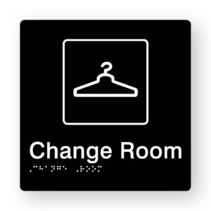 Change Room Braille Sign in Tactile Printed Black Acrylic. Black Sign panel with White coat hanger symbol. White text reads Change Room. White braille is shown