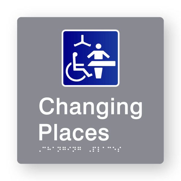 Changing Places Braille Sign in Tactile printed Grey Acrylic Changing Places Braille Sign in Tactile printed Grey Acrylic. Grey Sign panel with Blue & White Changing Places Symbol. White text reads Changing Places. White Braille is shown