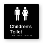 Children's Toilet Braille Sign in Tactile printed Black Acrylic. Black Sign Panel with White Male & Female Symbol. White text reads Children's Toilet. White Braille is Shown