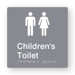 Children's Toilet Braille Sign in Tactile printed Grey Acrylic. Grey Sign panel with White Male & female Symbol. White text reads Children's Toilet. White Braille is shown