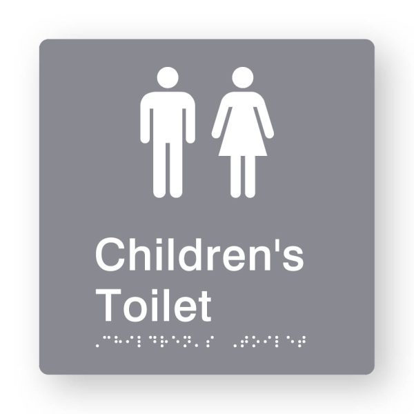 Children's Toilet Braille Sign in Tactile printed Grey Acrylic Children's Toilet Braille Sign in Tactile printed Grey Acrylic. Grey Sign panel with White Male & female Symbol. White text reads Children's Toilet. White Braille is shown