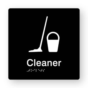 Cleaner Braille Sign Tactile printed in Black Acrylic. Black Acrylic Sign panel with White Mop & bucket Symbol, White text reads Cleaner. White braille text is shown