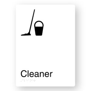Cleaner Braille Sign in White Aluminium. White Sign Panel with Black Mop & Bucket, text reads Cleaner
