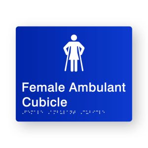 Female Ambulant Cubicle Braille Sign in Blue Tactile Printed Acrylic. Blue Sign panel with White Female Ambulant Symbol. White text reads Female Ambulant Cubicle. White Braille is shown
