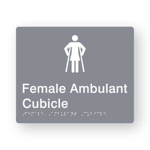 Female Ambulant Cubicle Braille Sign in Grey Tactile printed Acrylic Female Ambulant Cubicle Braille Sign in Grey Tactile printed Acrylic. Grey Sign panel with white Female Ambulant Symbol. White Text reads Female Ambulant Cubicle. White Braille Text is shown
